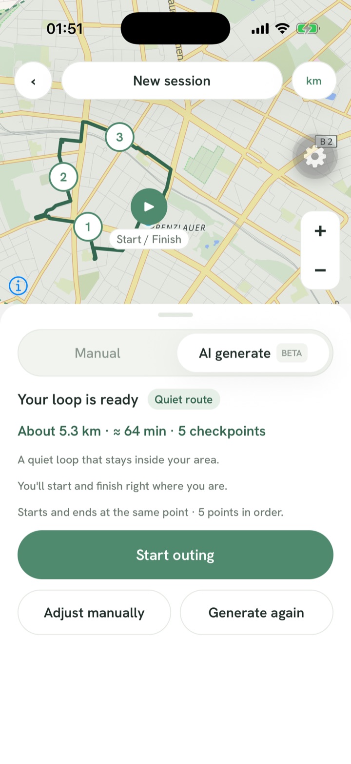 Grove has generated a 5.3 km loop with 5 checkpoints inside the area you drew
