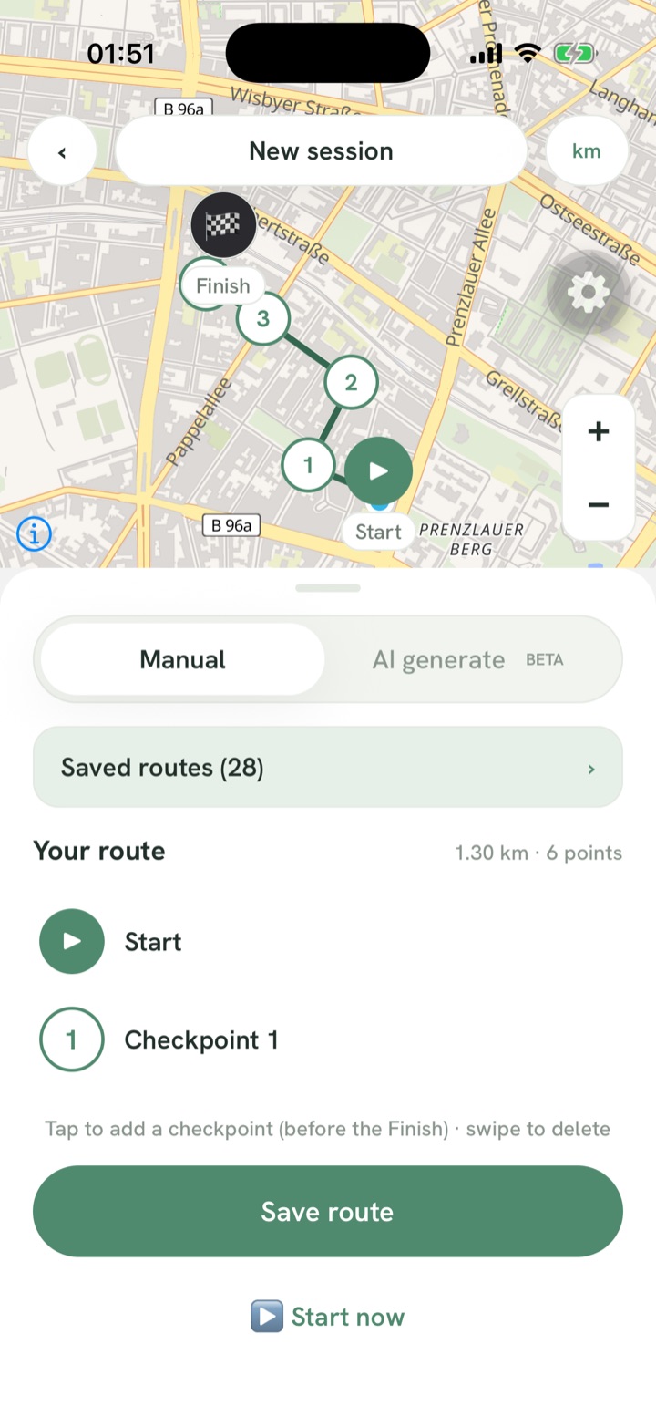 Placing your own checkpoints on the map: a start, three stops and a finish