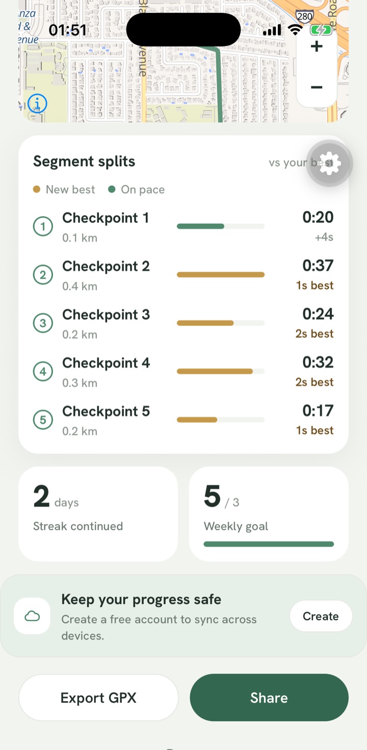 Segment splits compared with your own best: several checkpoints marked as a new best
