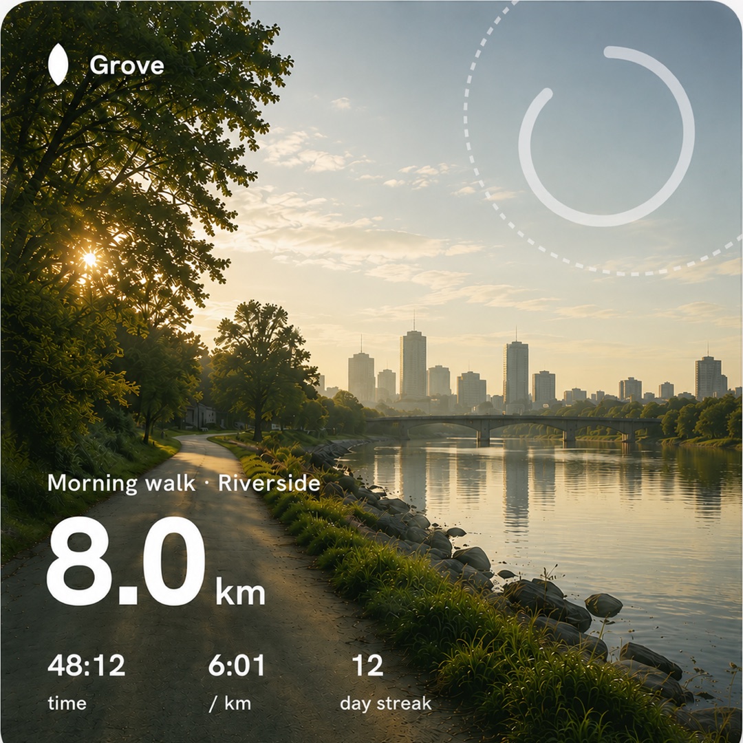 A Grove share card with a photo: a riverside path at sunrise, showing 8.0 km, time, pace and a 12 day streak